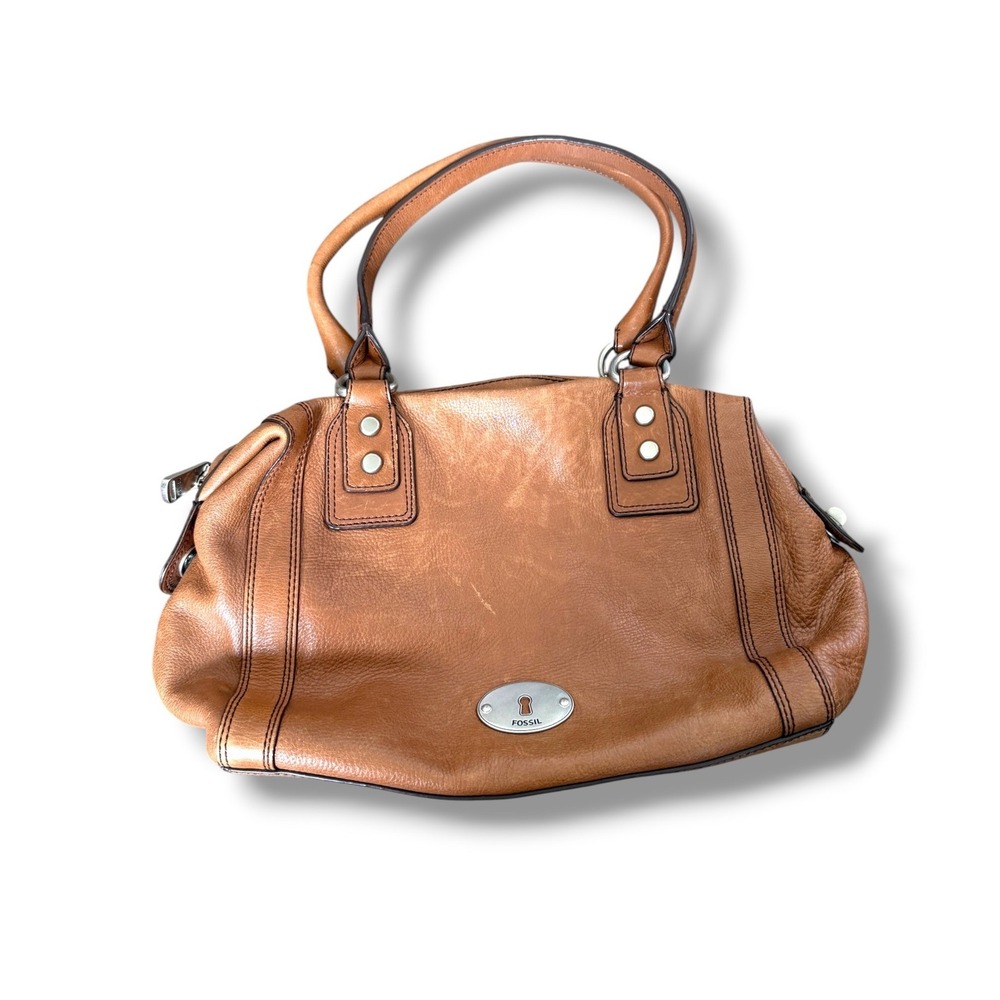 Fossil Brown Leather Satchel Shoulder Bag Silver Keyhole Logo Y2K